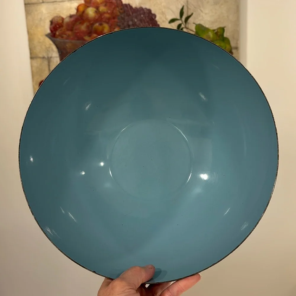 Cathrineholm Turquoise Blue On Blue Enamelware Lotus Bowl 11” Diameter MCM - Picture 8 of 17